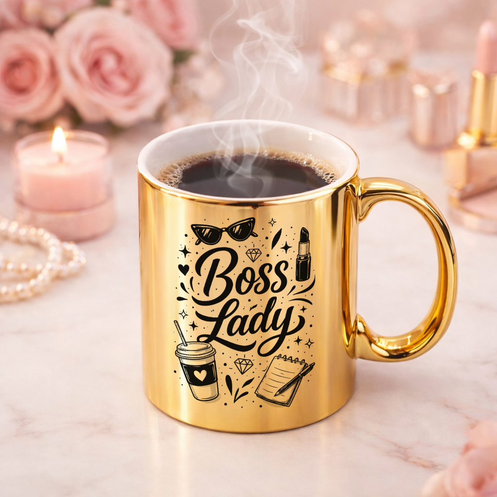 Boss Lady – elegancki złoty kubek dla nowoczesnej kobiety.