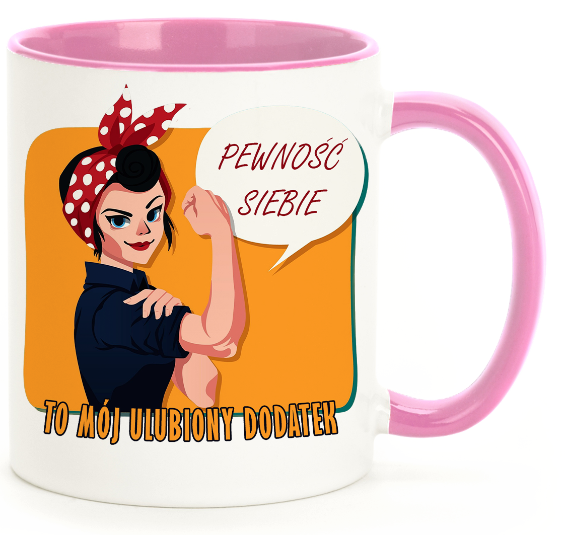 Kubek "Pewność Siebie, to mój ulubiony dodatek." - Różowy