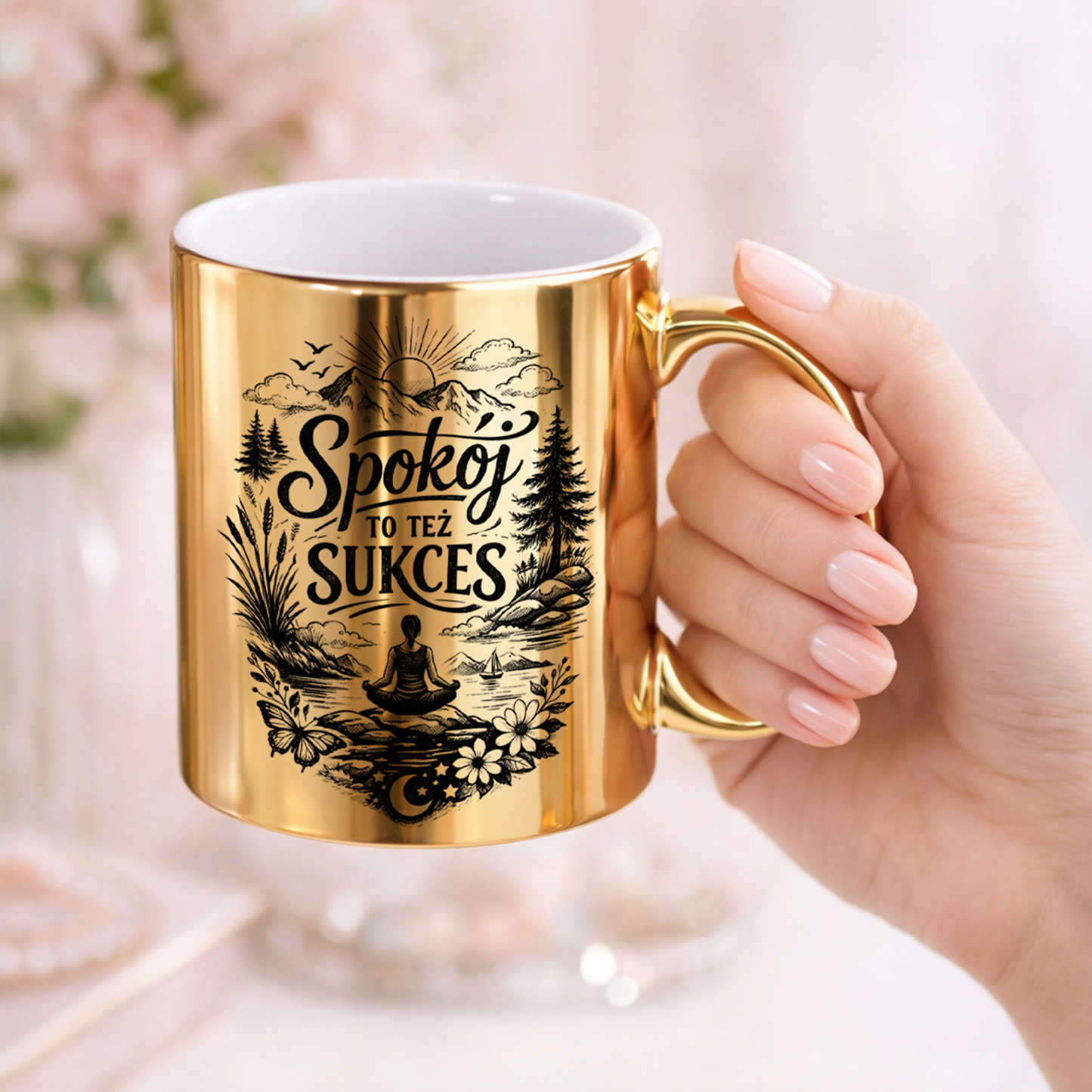 Złoty kubek „Spokój to też sukces” – codzienna chwila równowagi.