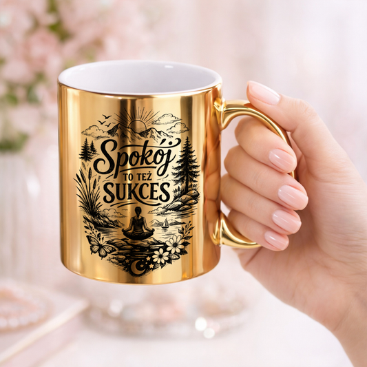 Złoty kubek „Spokój to też sukces” – codzienna chwila równowagi.
