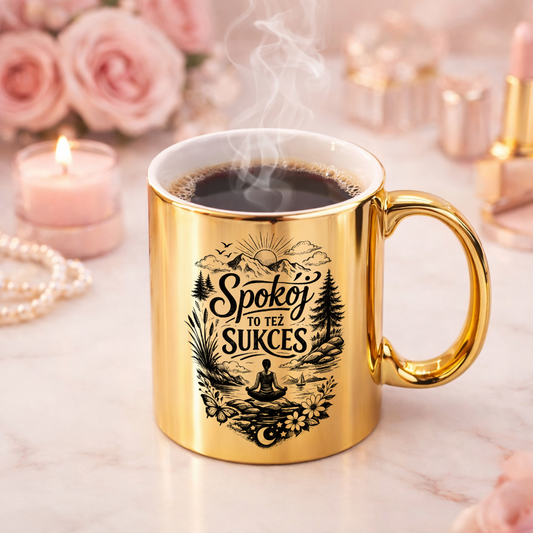 Złoty kubek „Spokój to też sukces” – codzienna chwila równowagi.