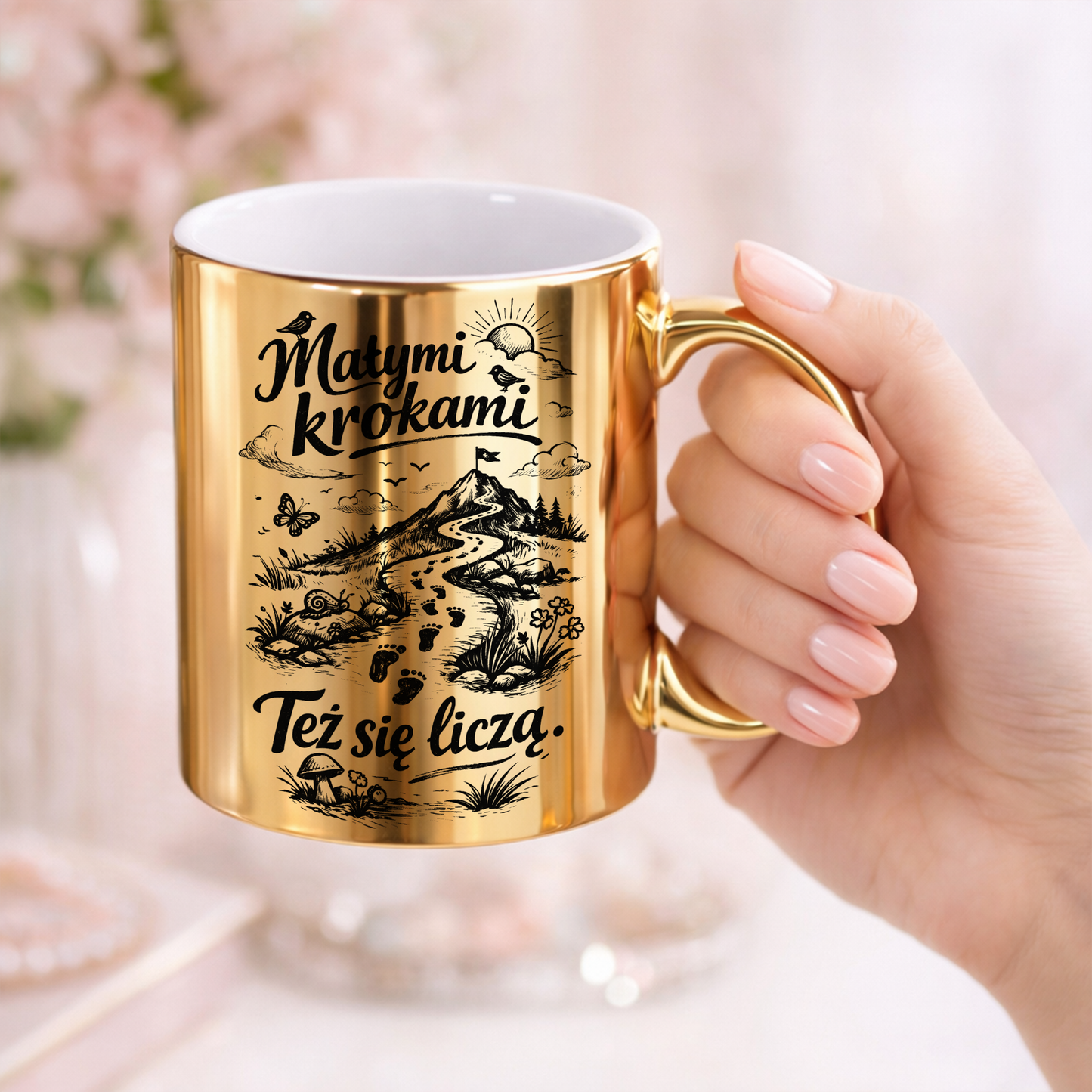 Złoty kubek „Małymi krokami. Też się liczą.” – codzienna motywacja.