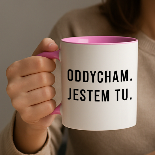 Kubek "Oddycham. Jestem Tu." - Różowy
